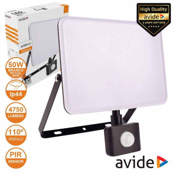 Foco LED 50W 230V C/ Sensor 4000K 4750lm Preto IP44 AVIDE - (ABFLFNW-50W-PIR)