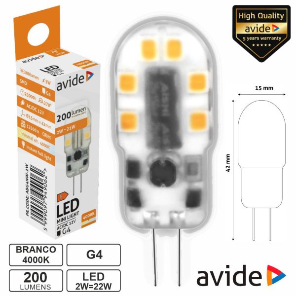 Lâmpada LED G4 2W 12V 4000K 200lm AVIDE - (ABG4NW-2W)