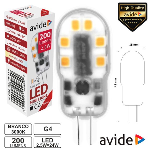 Lâmpada LED G4 2.5W 12V 3000k 200lm AVIDE - (ABG4WW-2.5W)