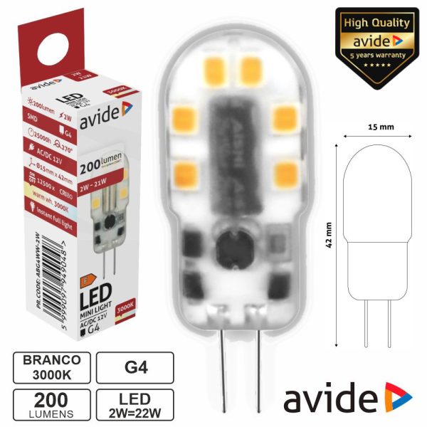 Lâmpada LED G4 2W 12V 3000K 200lm AVIDE - (ABG4WW-2W)