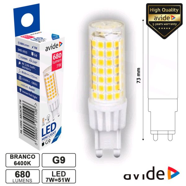 Lâmpada LED G9 7W 230V 6400k 680lm AVIDE - (ABG9CW-7W)