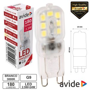 Lâmpada LED G9 2.5W 230V 3000k 180lm AVIDE - (ABG9WW-2.5W)