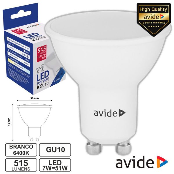 Lâmpada LED GU10 Spot 7W 230V 6400K 630lm AVIDE - (ABGU10CW-7W-AP)