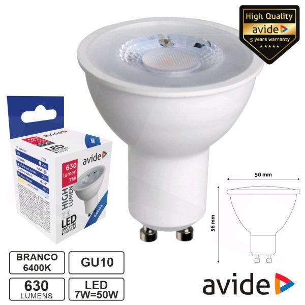 Lâmpada LED GU10 Spot 36º 7W 230V 6400K 630lm AVIDE - (ABGU10CW-7W-NBA)