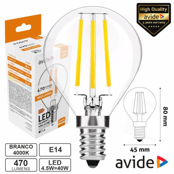 Lâmpada LED E14 Globo Filamento 4.5W 230V 4000K 470lm AVIDE - (ABLFMG14NW-4.5W)