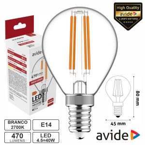 Lâmpada LED E14 Globo Filamento 4.5W 230V 2700K 470lm AVIDE - (ABLFMG14WW-4.5W)