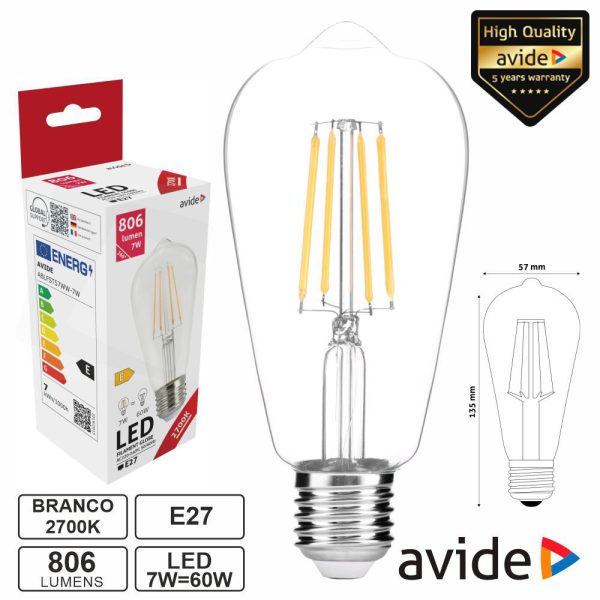 Lâmpada LED E27 ST57 Filamento 7W 230V 2700K 806lm AVIDE - (ABLFST57WW-7W)