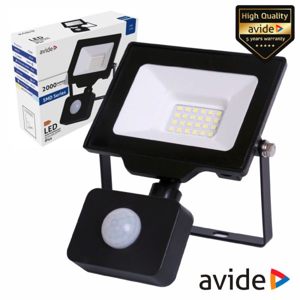 Foco LED 20W 230V C/ Sensor 6400k 2000lm Preto IP44 AVIDE - (ABLRFLCW-20W-PIR)