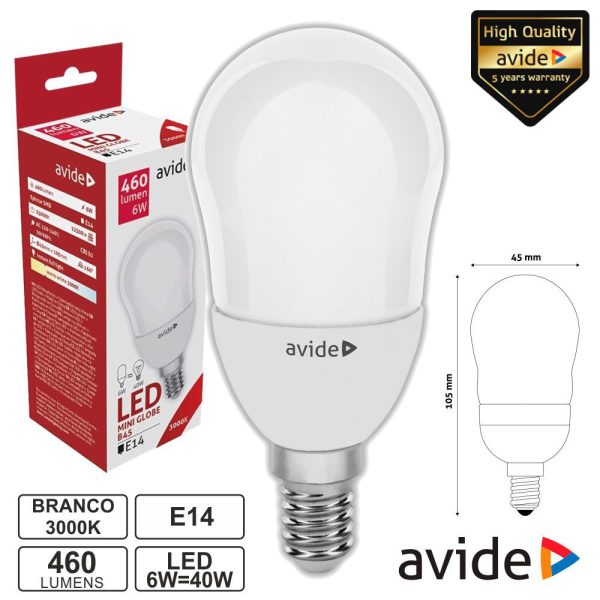 Lâmpada LED E14 Globo B45 6W 230V 3000k 460lm AVIDE - (ABMB14WW-6W)