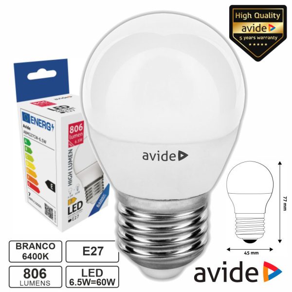 Lâmpada LED E27 Globo G45 6.5W 230V 6400K 806lm AVIDE - (ABMG27CW-6.5W)