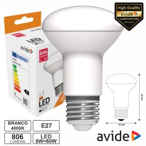 Lâmpada LED E27 R63 8W 230V 4000K 806lm AVIDE - (ABR63NW-8W)