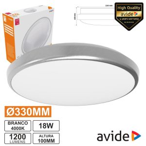 Aplique LED Redondo 18W 330mm 4000k 1600lm Pandora AVIDE - (ACLO33NW-18W-ALU)