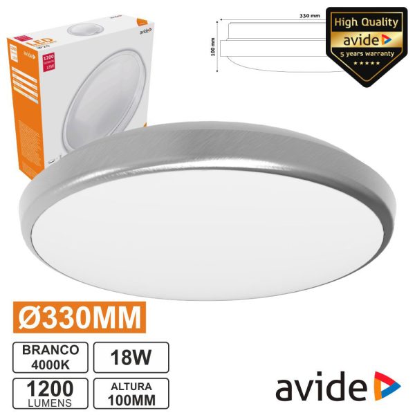 Aplique LED Redondo 18W 330mm 4000k 1600lm Pandora AVIDE - (ACLO33NW-18W-ALU)