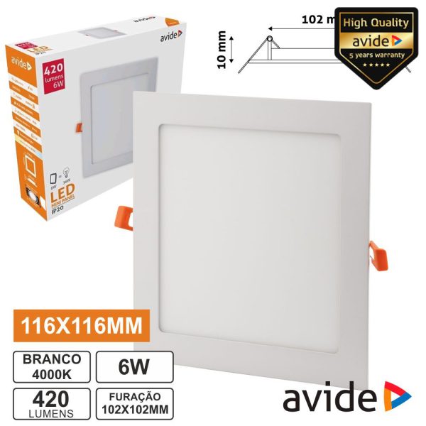 Painel LEDS Quadrado 6W 116mm 4000k 420lm AVIDE - (ACRPNW-S-6W-ALU)