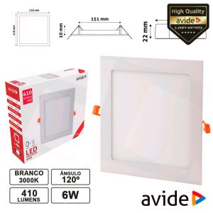 Painel LEDS Quadrado 6W 116mm 3000k 410lm AVIDE - (ACRPWW-S-6W-ALU)