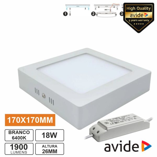 Painel LEDS Quadrado Superfície 18W 170mm 6400K 1900lm AVIDE - (ACSMCW-S-18W-PC)