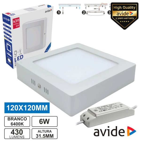 Painel LEDS Quadrado Superfície 6W 120mm 6400k 430lm AVIDE - (ACSMCW-S-6W-ALU)