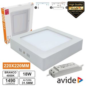 Painel LEDS Quadrado Superfície 18W 220mm 4000K 1490lm AVIDE - (ACSMNW-S-18W-ALU)