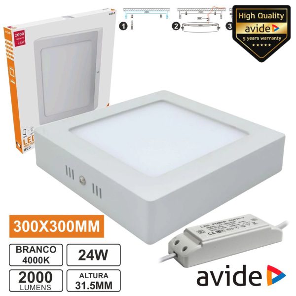 Painel LEDS Quadrado Superfície 24W 300mm 4000k 2000lm AVIDE - (ACSMNW-S-24W-ALU)