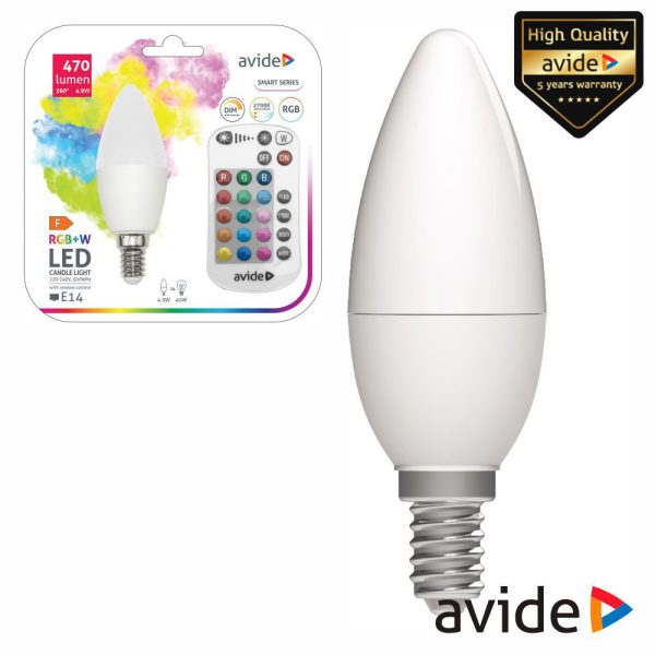 Lâmpada E14 4.9W LED Vela RGBW 2700K C/ Comando 470lm AVIDE - (ASC14RGBW-4.9W-RC)