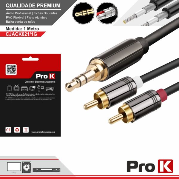 Cabo Jack 3.5mm Macho ST / 2-RCA Macho 1M PROK - (CJACK021/1G)