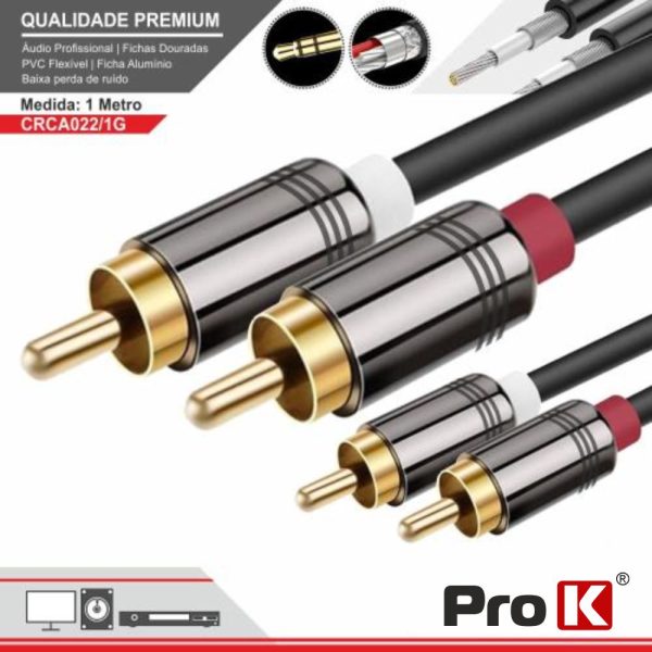 Cabo 2-RCA Macho / 2-RCA Macho Dourado 1M PROK - (CRCA022/1G)