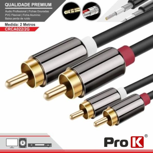 Cabo 2-RCA Macho / 2-RCA Macho Dourado 2m PROK - (CRCA022/2G)