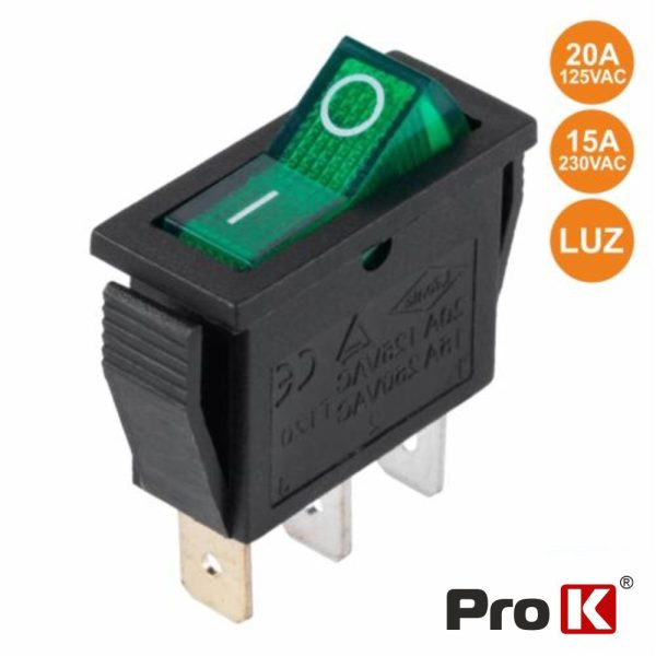 Interruptor Basculante C/ Luz 15a-250v Spst On-Off  PROK - (ITR014GR)