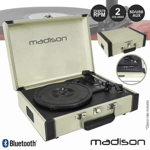 Gira-Discos 33/45/78RPM Retro BT/USB/SD/Rec Creme Madison - (MAD-RETROCASE-CR)