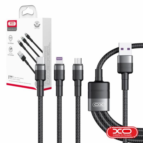 Cabo USB-A 2.0 / Micro-USB/USB-C/Lightning 40W 1.2M Preto XO - (NB-Q191-BK)