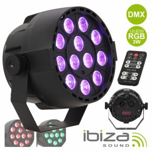 Projetor Par C/ 12 LEDS RGB 3W Abs Comando Mic DMX IBIZA - (PAR-MINI-RGB3)