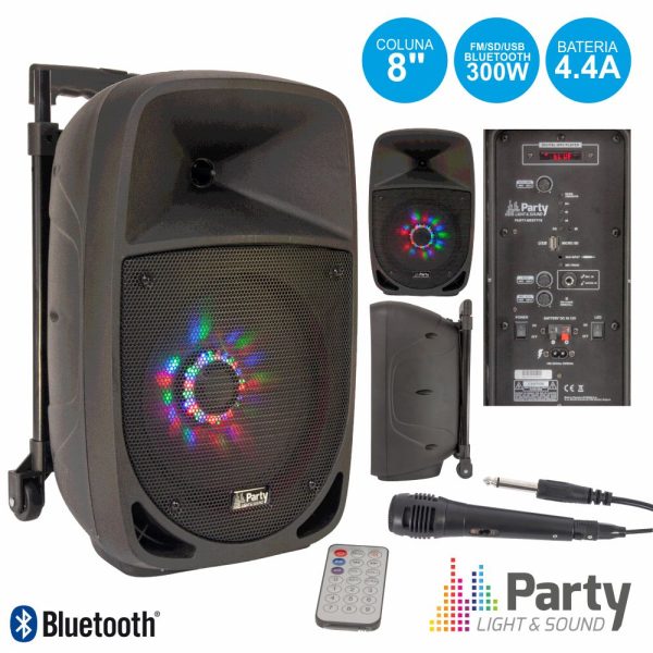 Coluna Amplificada 8" 300W USB/FM/BT/SD/Bat Preta - (PARTY-8LED)