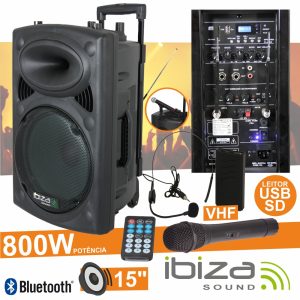 Coluna Amplificada 15" 800W USB/BT/SD/Bat Vhf Preta IBIZA - (PORT15VHF-BT)