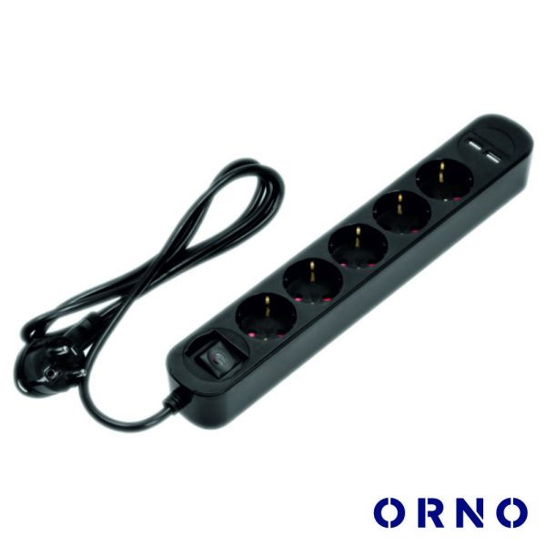 Extensão Elétrica 5x Schuko 2x USB-A C/ Interruptor 1.5m ORN - (PS-1(GS)/B/1.5M)