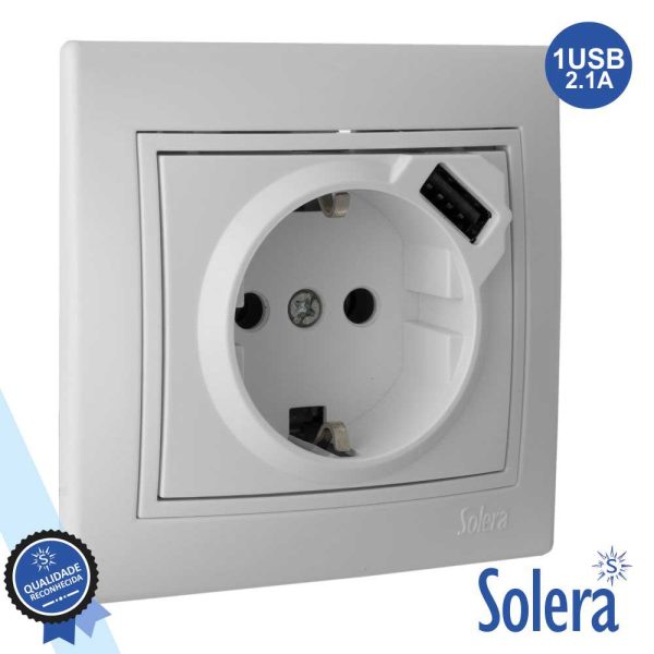 Tomada Elétrica Encastrar 1x Schuko 1x USB-A Branca SOLERA - (SLR-ERP60USB-U)