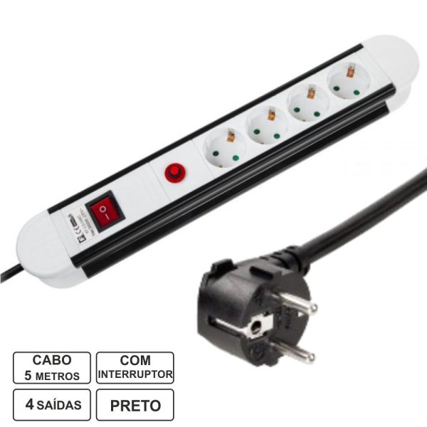 Extensão Elétrica 4x Schuko Picos C/ Interruptor 5m - (TE4CB5(L))