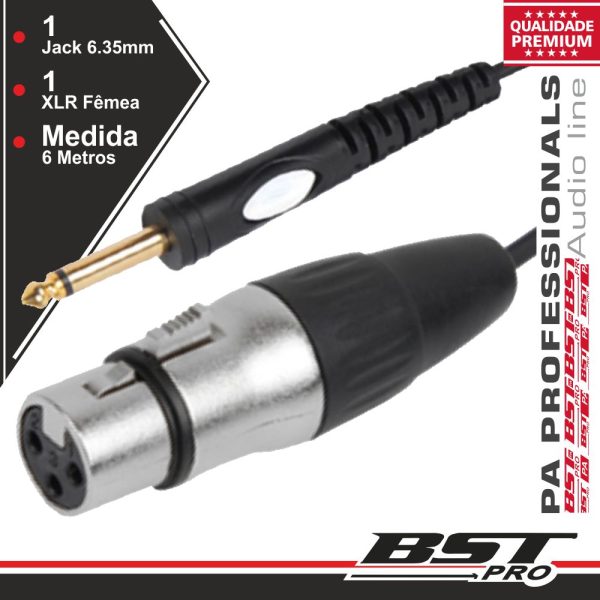 Cabo XLR 3p Fêmea / Jack 6.35mm Macho Mn 6m BSTPRO - (XLRF-JACKM-6)