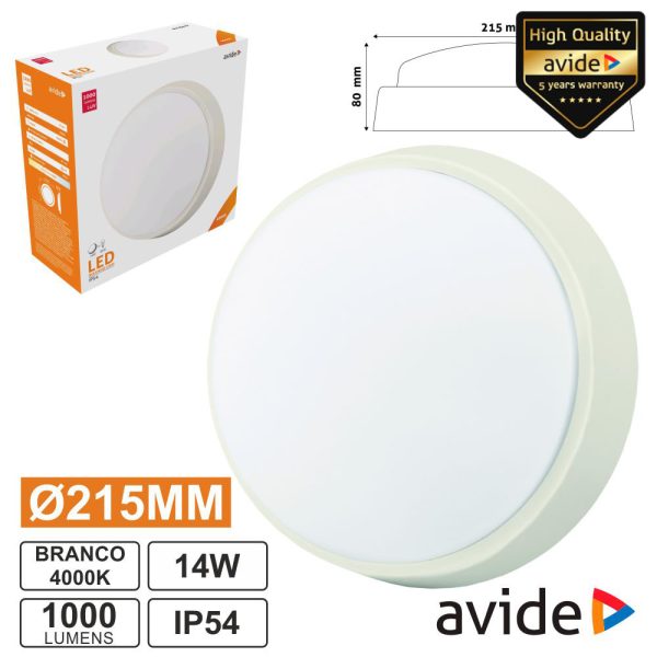 Aplique LED Redondo 14W 215mm 4000k 1000lm IP54 AVIDE - (ABBHL-R-14W-NW)