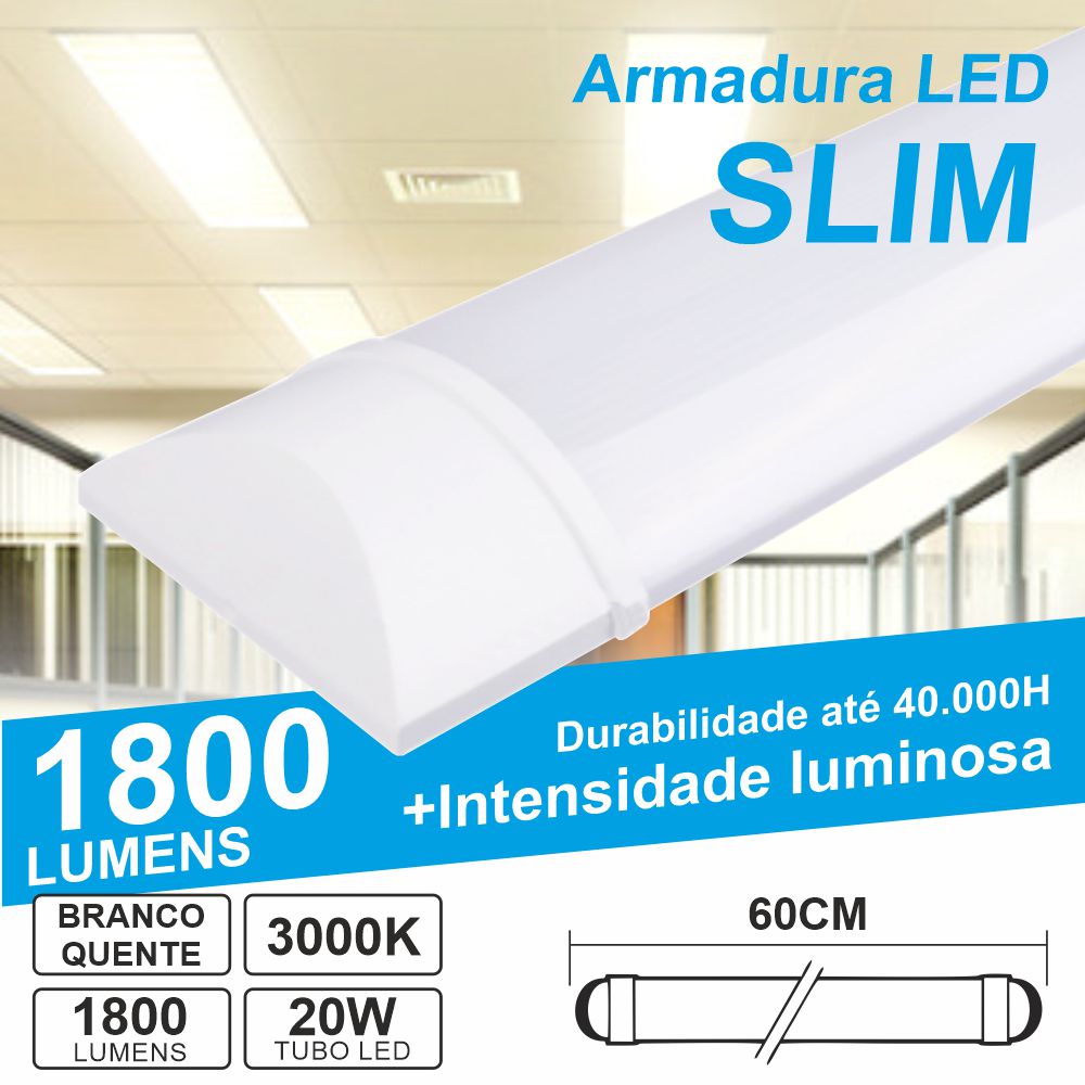 Armadura LED Batten Slim 20W 60cm IP40 3000K 1800lm - (ALS060WW(G))