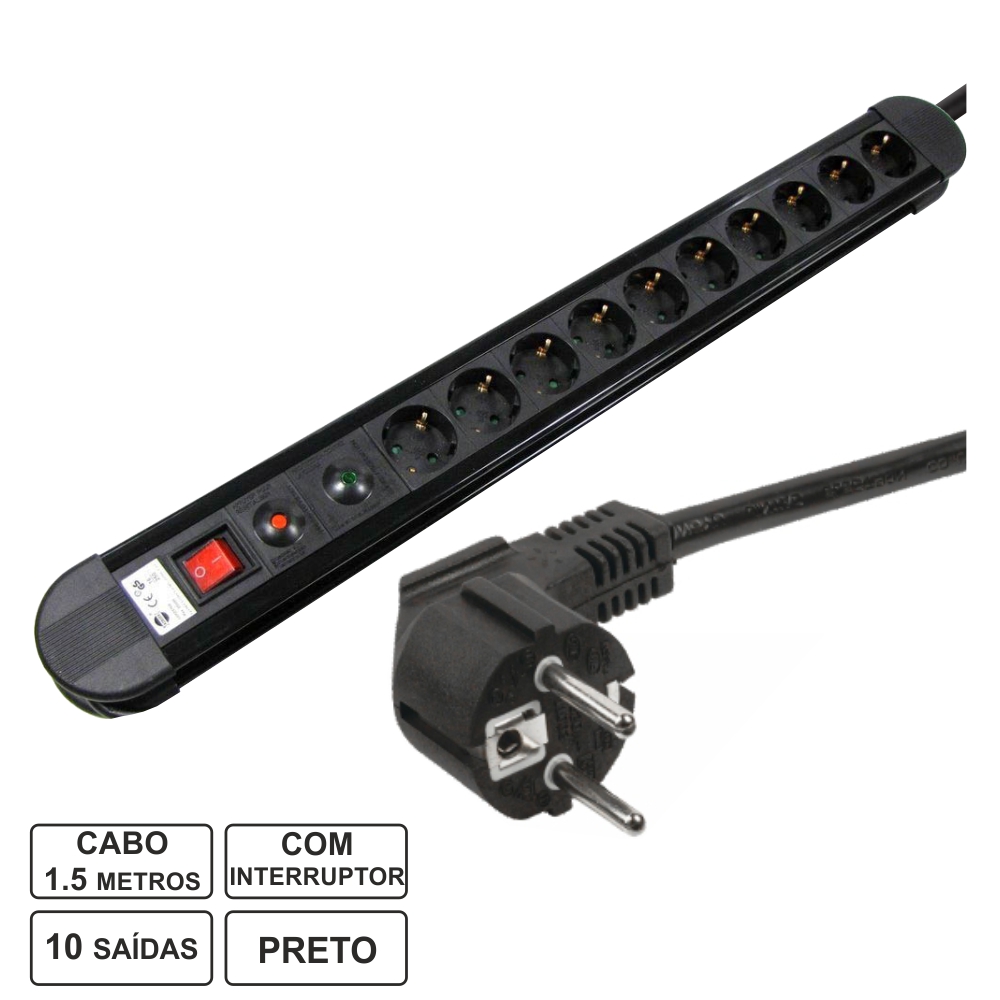 Extensão Elétrica 10x Schuko Picos C/ Interruptor 1.5m EDH - (36.260)