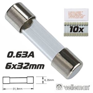 FUSÍVEL 6X32 FUSÃO LENTA 0.63A (10X) VELLEMAN - (6FU0.63N)