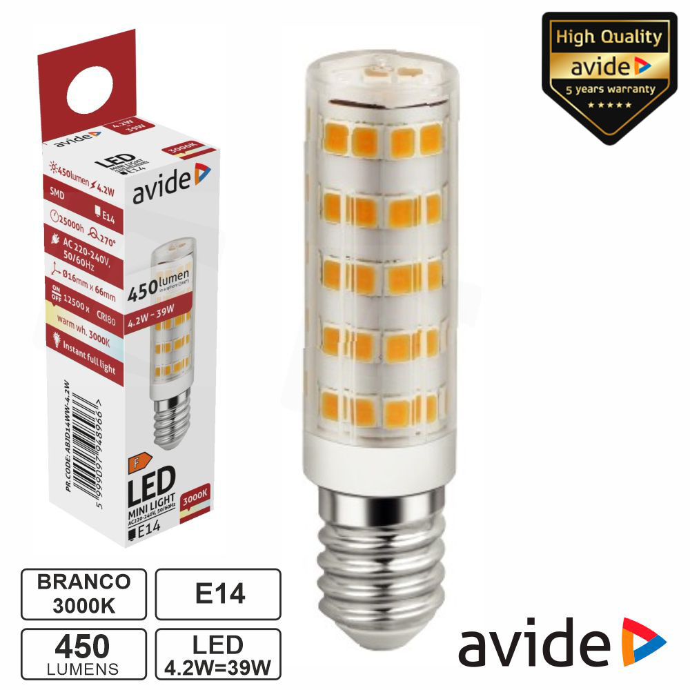 Lâmpada LED E14 JD 4.2W 230V 3000K 450lm AVIDE - (ABJD14WW-4.2W)