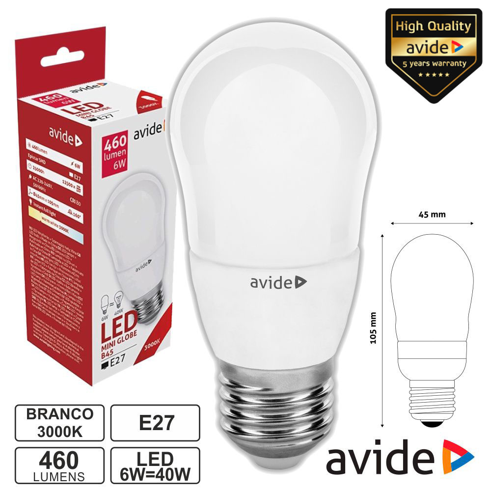 Lâmpada LED E27 Globo B45 6W 230V 3000k 460lm AVIDE - (ABMB27WW-6W)