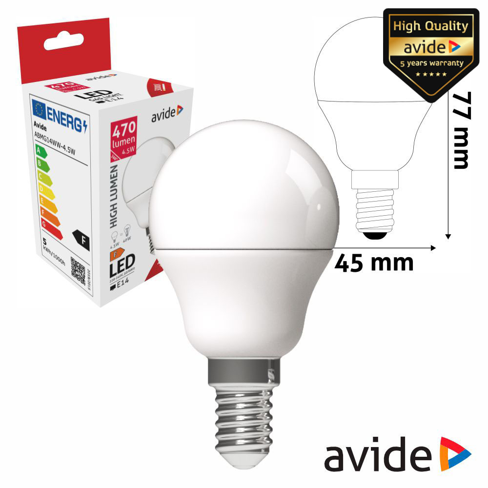 Lâmpada LED E14 Globo G45 4.5W 230V 3000K 470lm AVIDE - (ABMG14WW-4.5W)