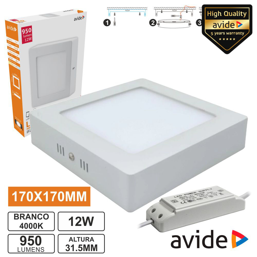 Painel LEDS Quadrado Superfície 12W 170mm 4000k 840lm AVIDE - (ACSMNW-S-12W-ALU)
