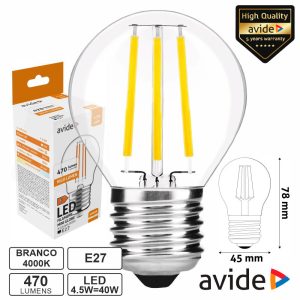 Lâmpada LED E27 Globo Filamento 4.5W 230V 4000K 470lm AVIDE - (ABLFMG27NW-4.5W)