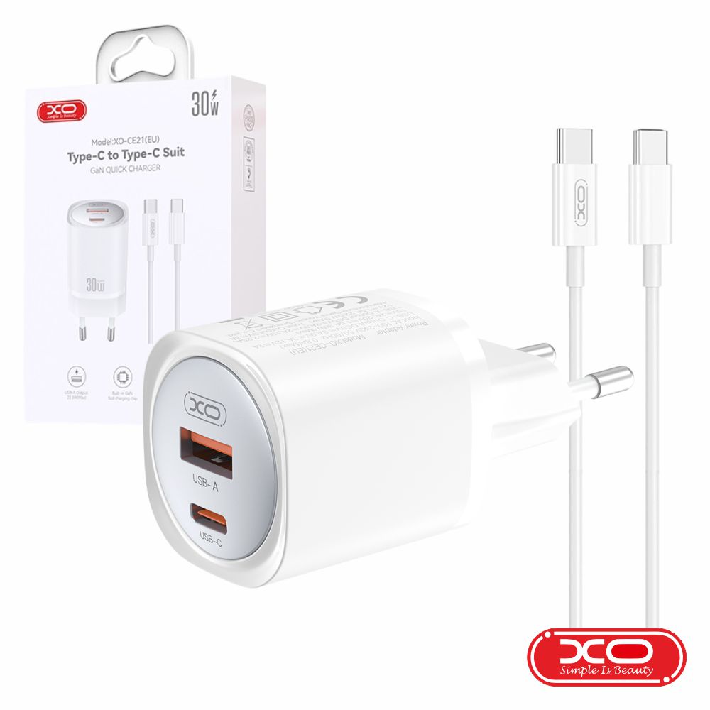 Alimentador Comutado 1xUSB-C/1xUSB-A PD 30W GaN C/ Cabo - (CE21-C)