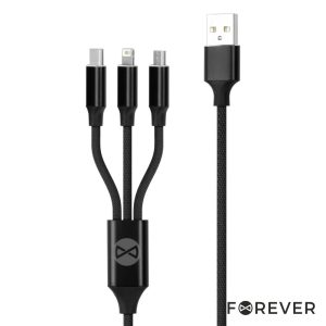 Cabo USB-A Macho P/ Lightning/USB-C/MicroUSB 2A 1.2m FOREVER - (CUSB-3IN1/BK-2)