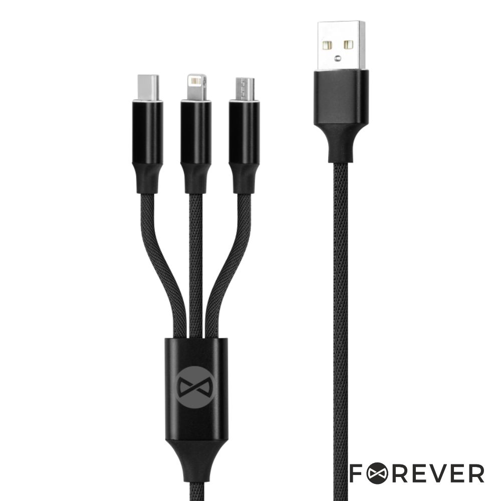 Cabo USB-A Macho P/ Lightning/USB-C/MicroUSB 2A 1.2m FOREVER - (CUSB-3IN1/BK-2)