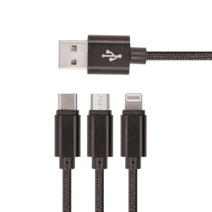 Cabo USB-A 2.0 / MicroUSB+Lightning+USB-C 2A 1.2m - (CUSB-3IN1/BK3)